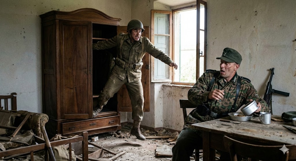 Pracinha brasileiro salta do armário e surpreende um soldado alemão na casa em ruínas.